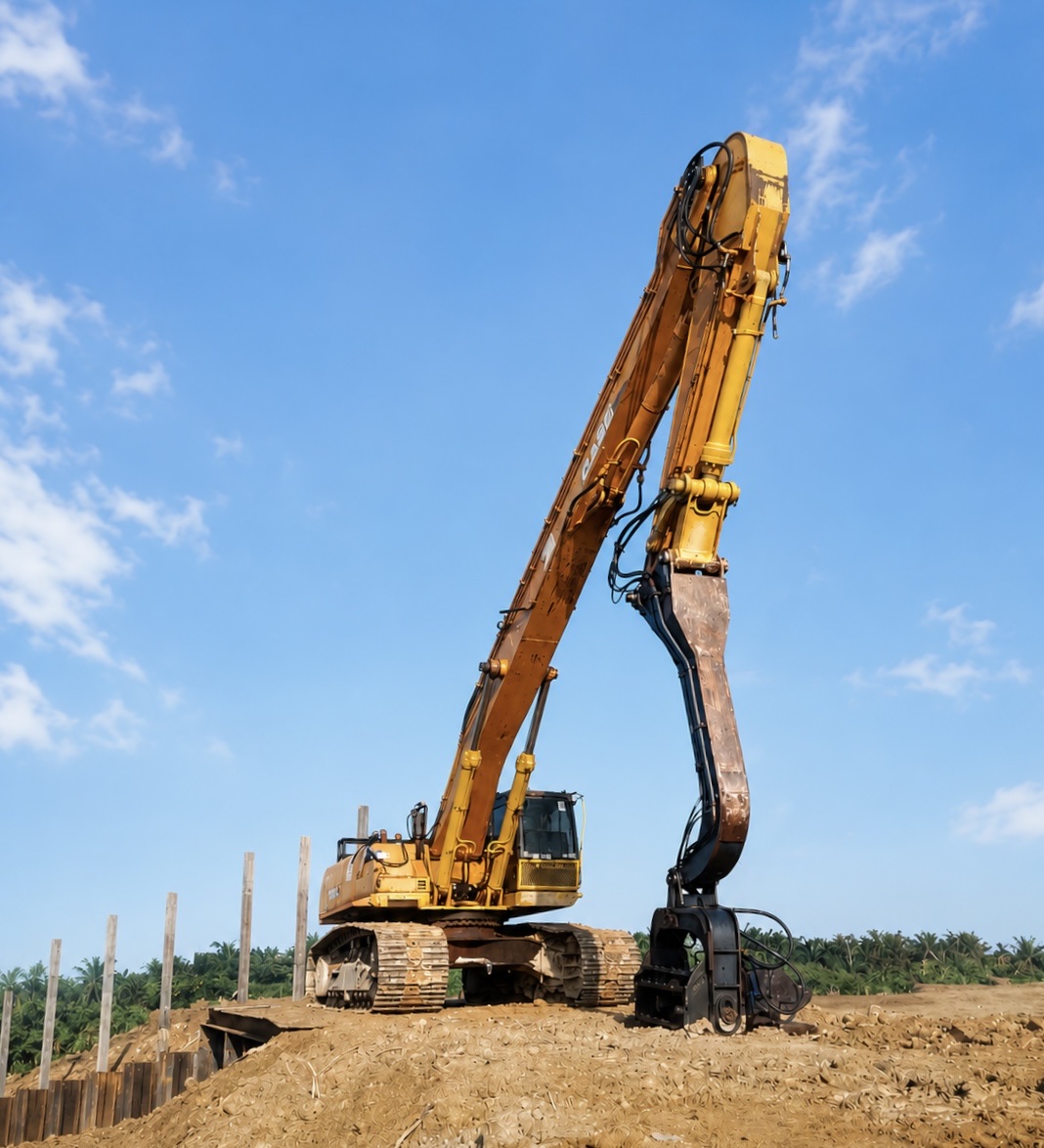 Long-reach Case excavator standing on a Hai Fu piling site against a clear blue sky