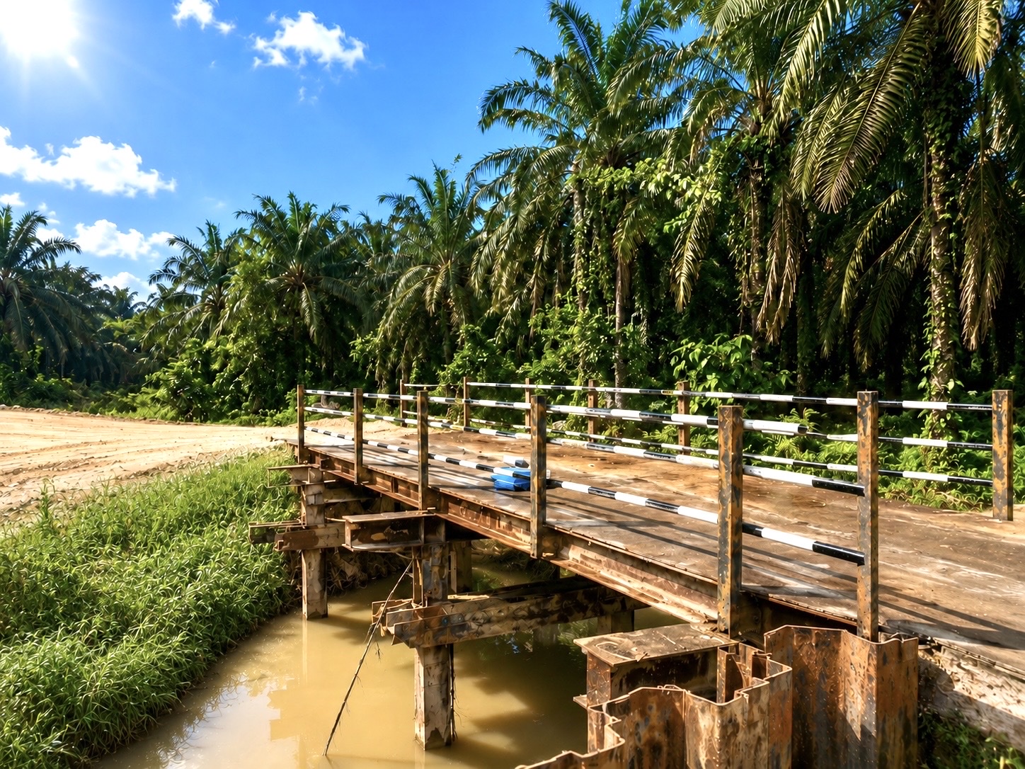Temporary steel bridge carrying access across a river beside an oil-palm estate