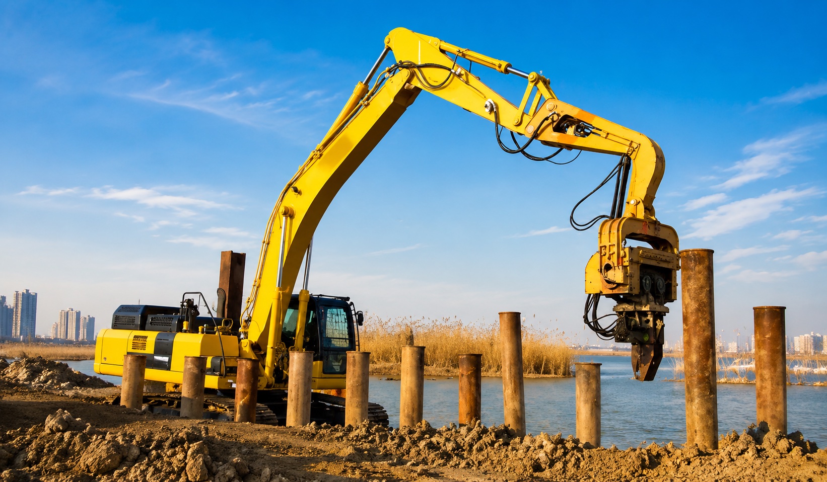 Long-reach excavator driving steel tubular piles along a riverbank
