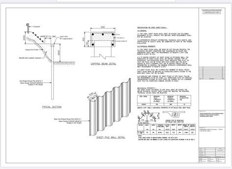 Sheet pile wall design drawing with calculation notes