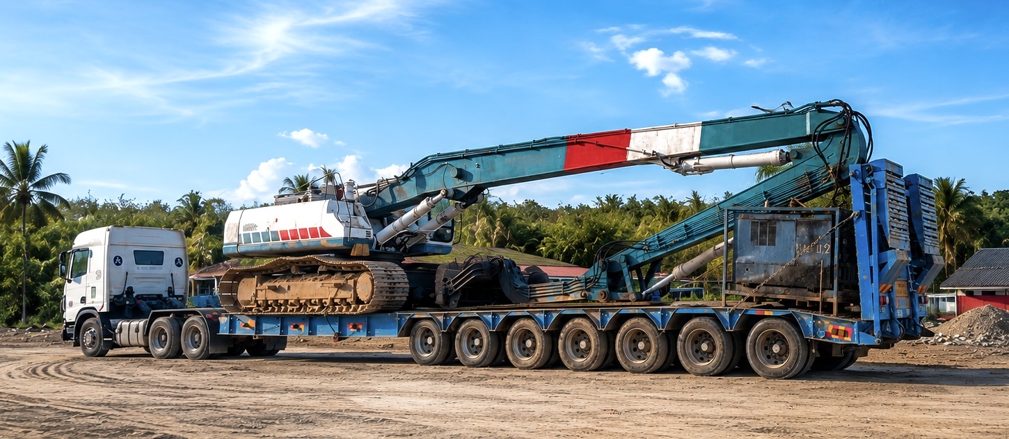 Vibro hammer excavator loaded on a multi-axle low-bed trailer under a blue sky