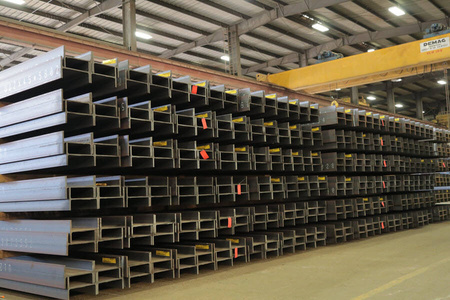 I-beam sections racked in a warehouse