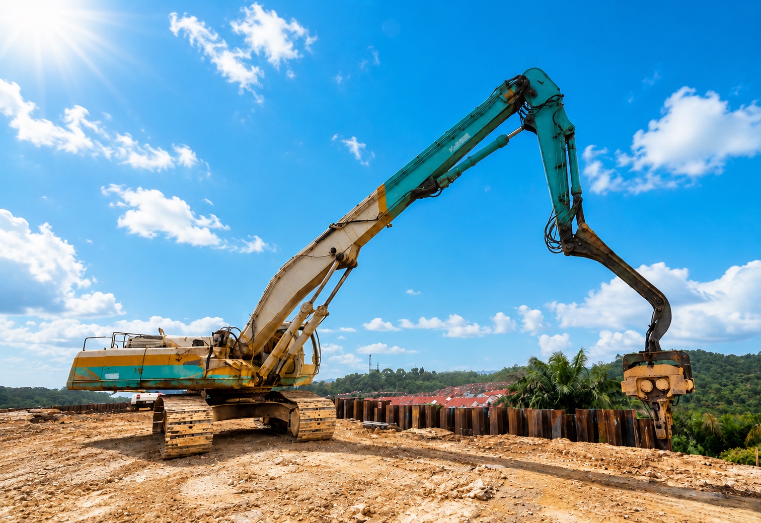 Long-reach vibro hammer excavator installing a sheet pile wall under a blue sky