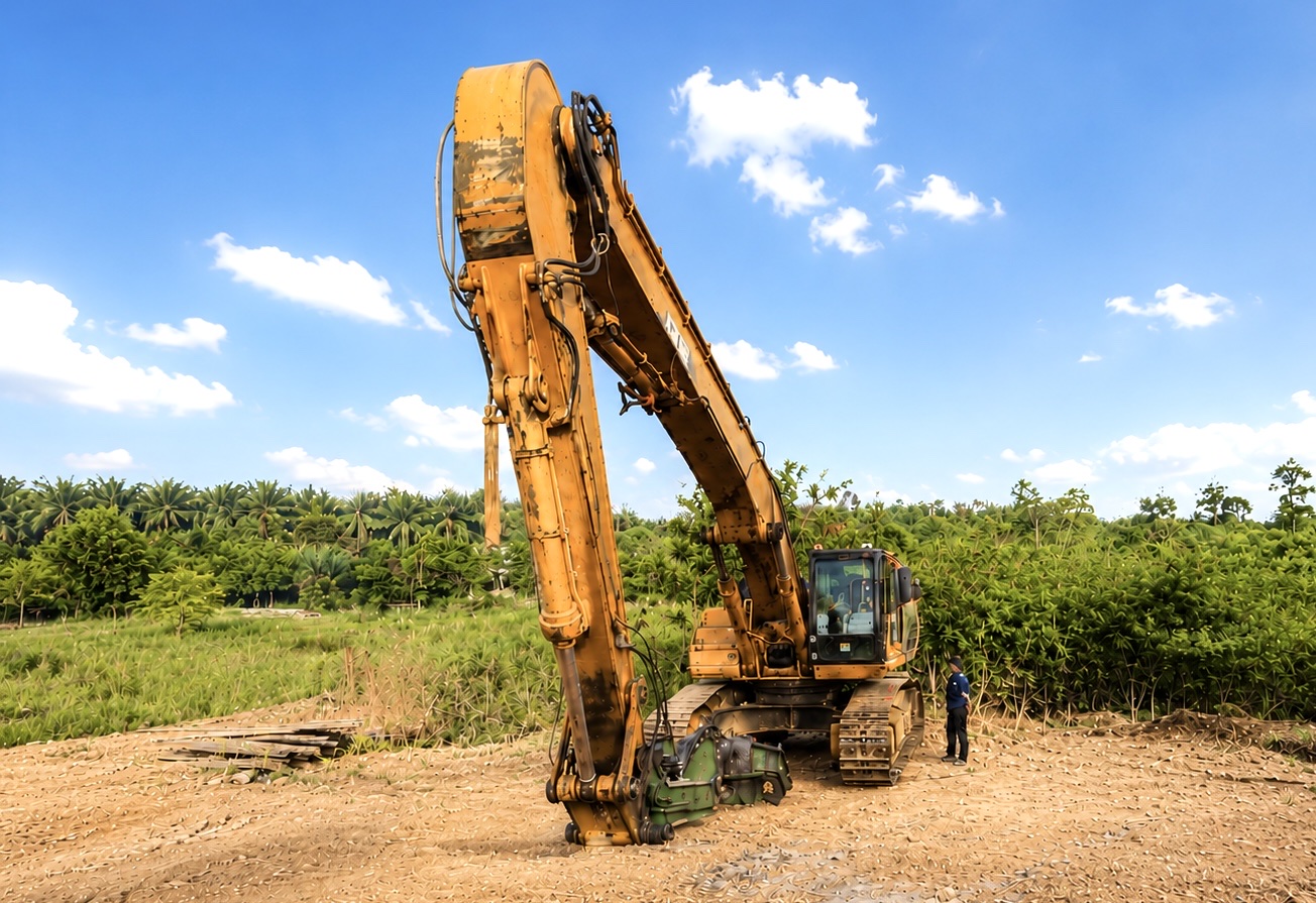 Preboring excavator with a long boom working on a cleared site under a blue sky