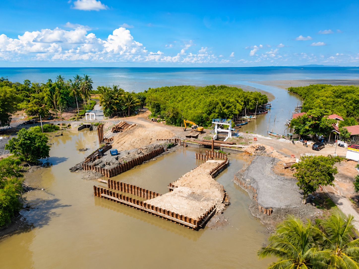 Aerial view of coastal river sheet piling works