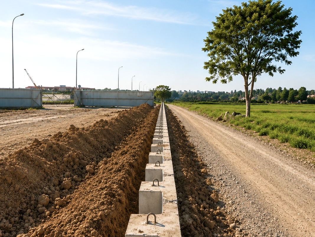 Precast concrete sheet pile wall lining a rural drainage channel