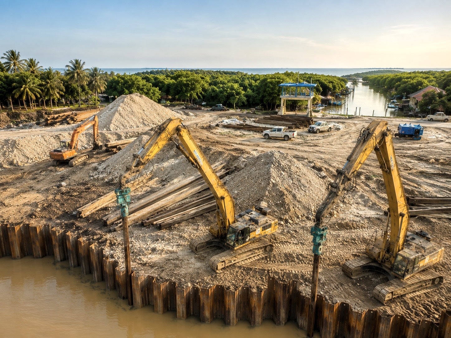 Long-boom piling rig preboring on a large earthworks site