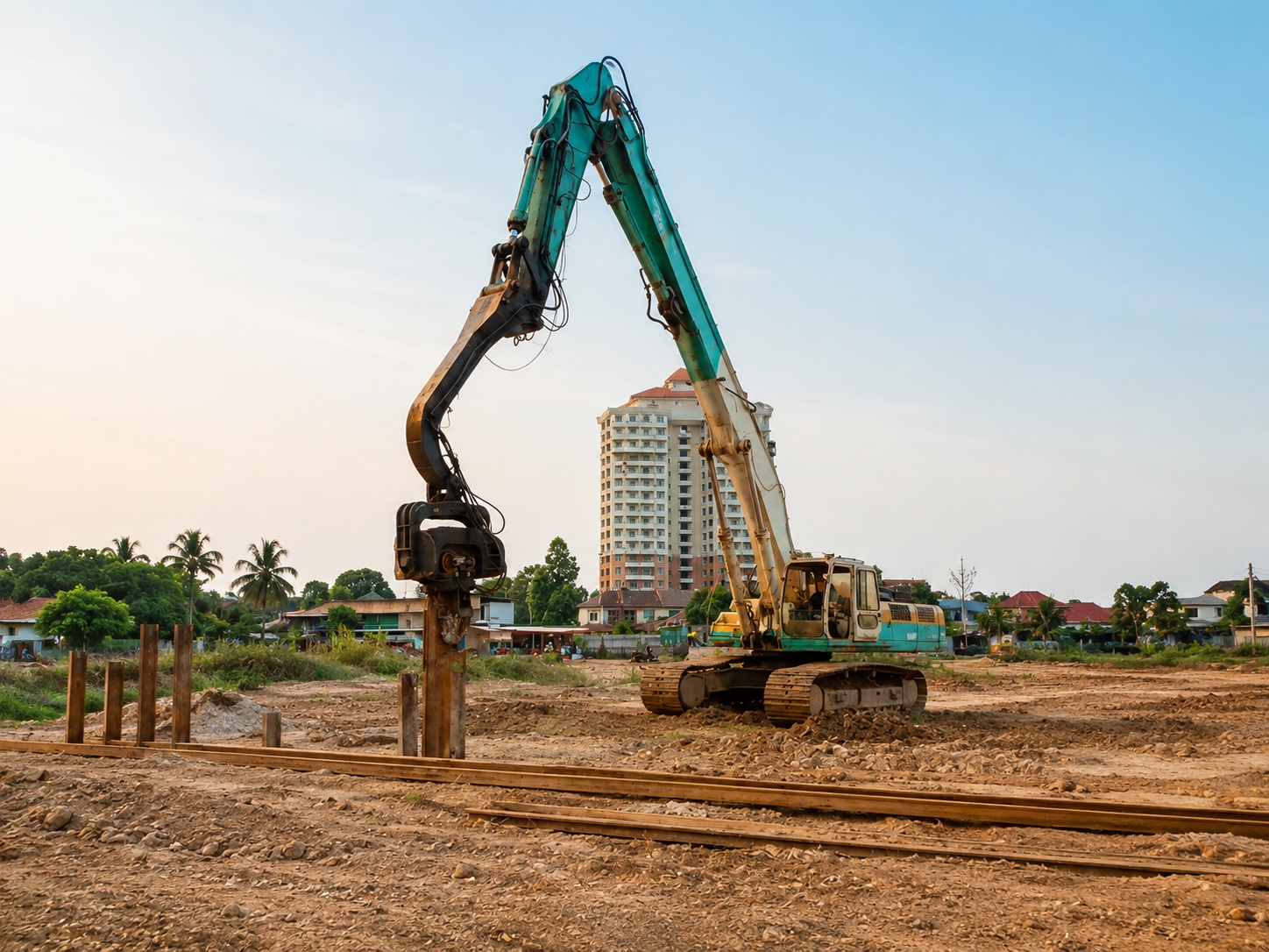 Long-reach piling rig driving piles next to a high-rise building